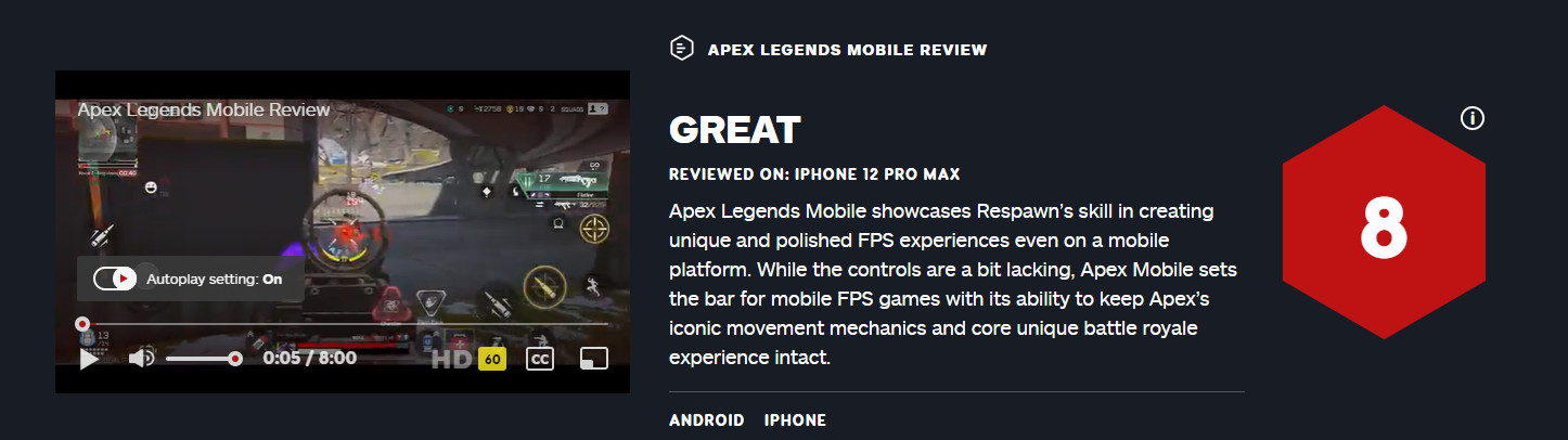 《Apex英雄手遊》IGN 8分 手遊FPS標杆