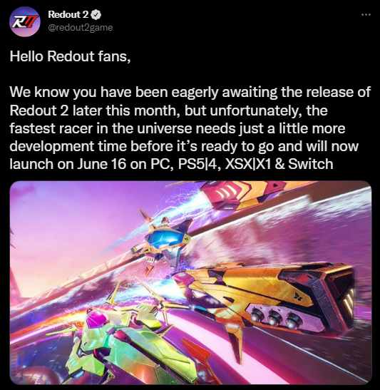 科幻極限競速遊戲《紅視2》官推宣佈延期至6月16日