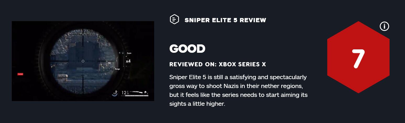 《狙擊之神5》IGN給7分：爽快刺激但基本沒什麼變化