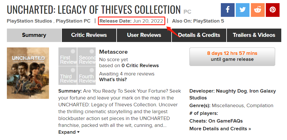Metacritic顯示《秘境探險盜賊傳奇合輯》PC版 6月20日發售