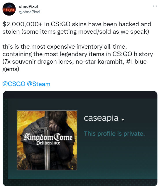 CS:GO知名飾品收藏家遭黑客盜號，百萬美元庫存流入市場
