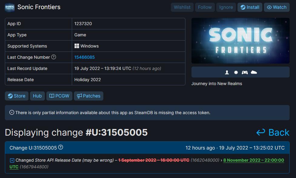 SteamDB顯示《索尼克邊境》11月8日發售 或撞車《戰神諸神黃昏》