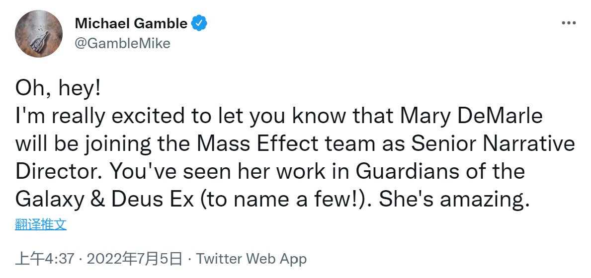 《駭客入侵》的編劇Mary DeMarle加入新《質量效應》的開發團隊，擔任高級敘事總監