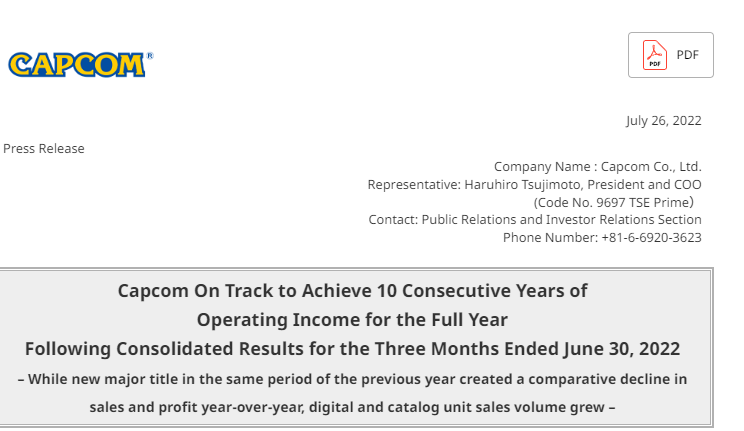 CAPCOM公佈22財年第一季度財報，《魔物獵人崛起破曉》貢獻主要收入