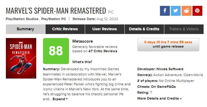 《漫威蜘蛛人復刻版》PC版媒體評分解禁 Metacritic均分88