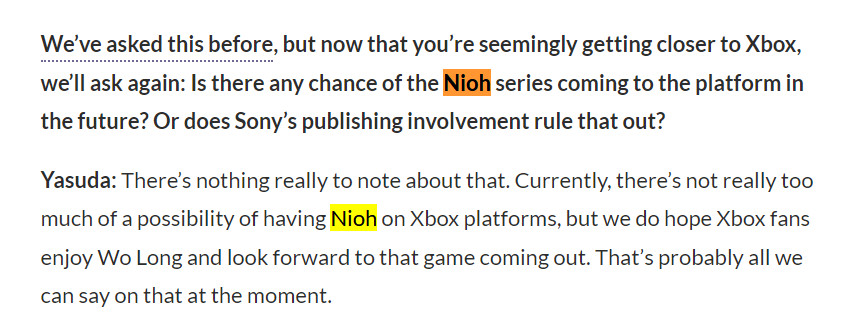 Team Ninja《仁王》不太可能登陸Xbox平台