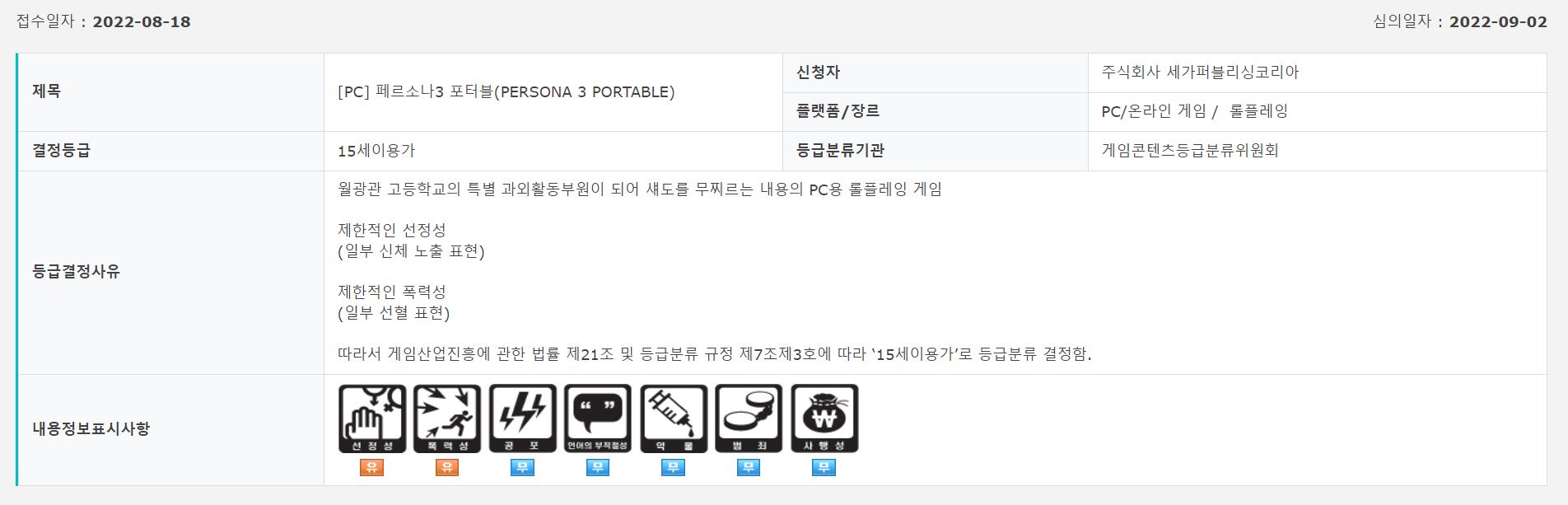 PC《女神異聞錄3》已在韓國評級 或將公佈發售日