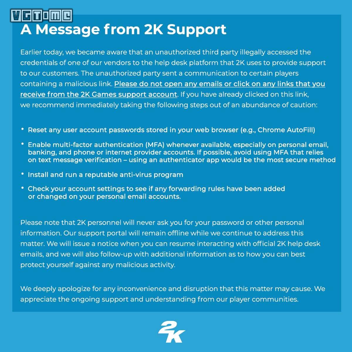 2K遭受網絡攻擊，官推提醒不要打開詐騙郵件
