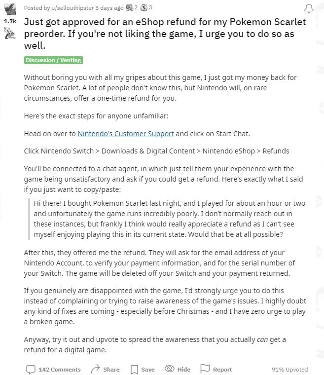 不滿《寶可夢朱紫》性能表現 玩家向任天堂申請退款獲批