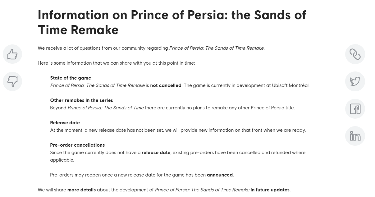 育碧稱《波斯王子時之砂重製版》未取消 發售日待定