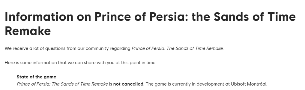 育碧重申《波斯王子時之砂》重製版沒有取消，距離發售仍遙遙無期