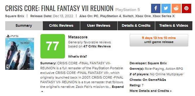 《核心危機 最終幻想VII Reunion》媒體評分解禁 M站均分77