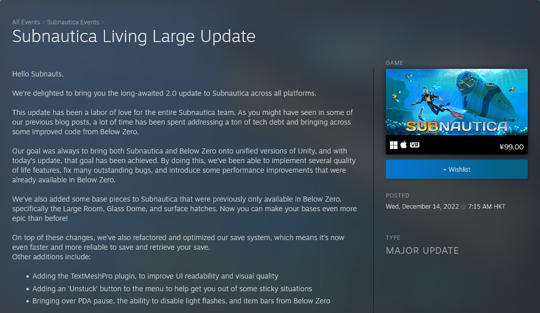 《深海迷航》2.0更新推出 修復超過800個BUG