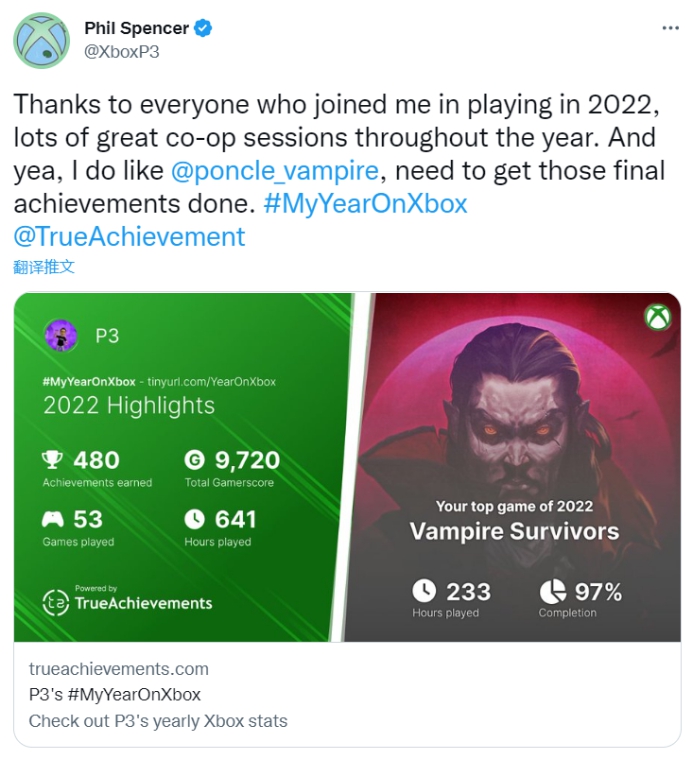 菲爾·斯賓塞分享自己的2022年遊戲報告 《吸血鬼倖存者》遊玩時長最多