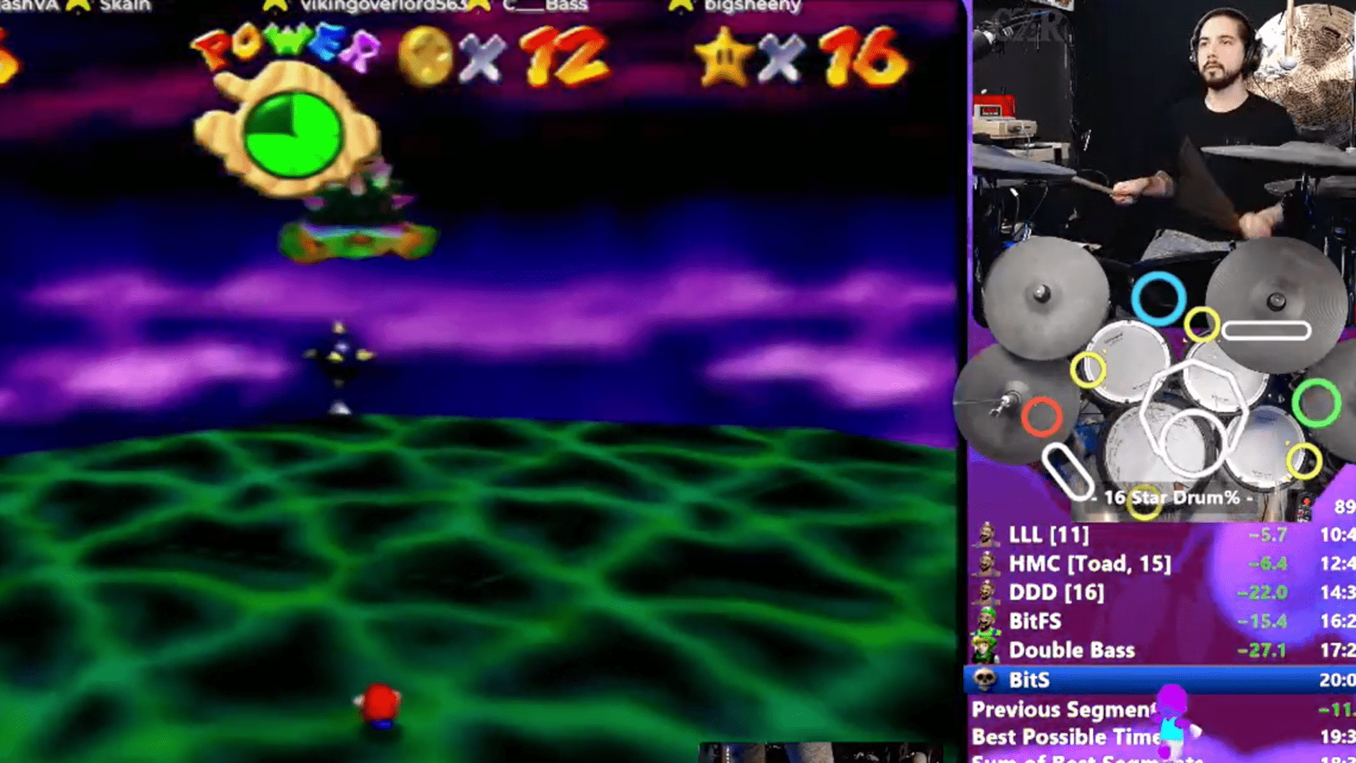 玩家用一套架子鼓在20分鍾內打通《超級瑪利歐64》