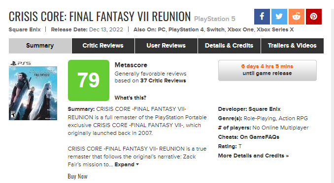《核心危機 最終幻想VII Reunion》全球媒體評分解禁MC均分79
