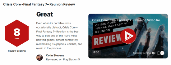 《核心危機 最終幻想VII Reunion》獲IGN 8分 重製版遊戲的典範