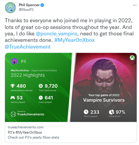 Xbox老大曬年度遊戲總結《吸血鬼倖存者》真上頭