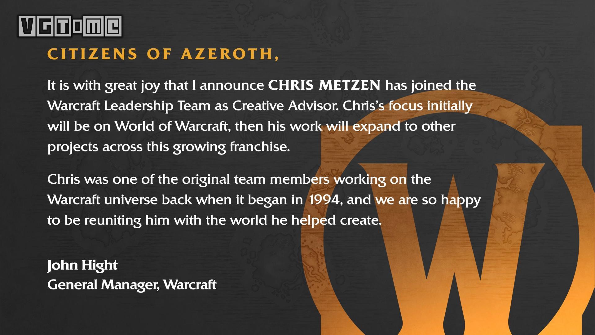 暴雪元老克里斯·梅森回歸《魔獸爭霸》項目組，擔任創意顧問