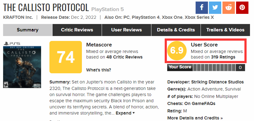 《卡利斯托協議》M站玩家評分：PC版最慘，僅獲4.1分