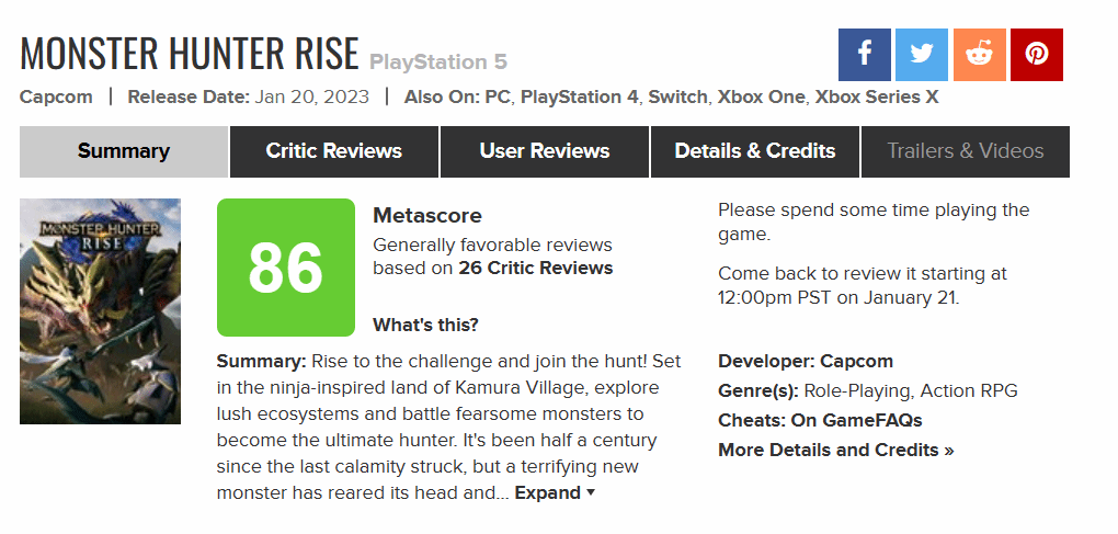 《魔物獵人崛起》PS5版M站86分 XSX版87分：必玩之作！