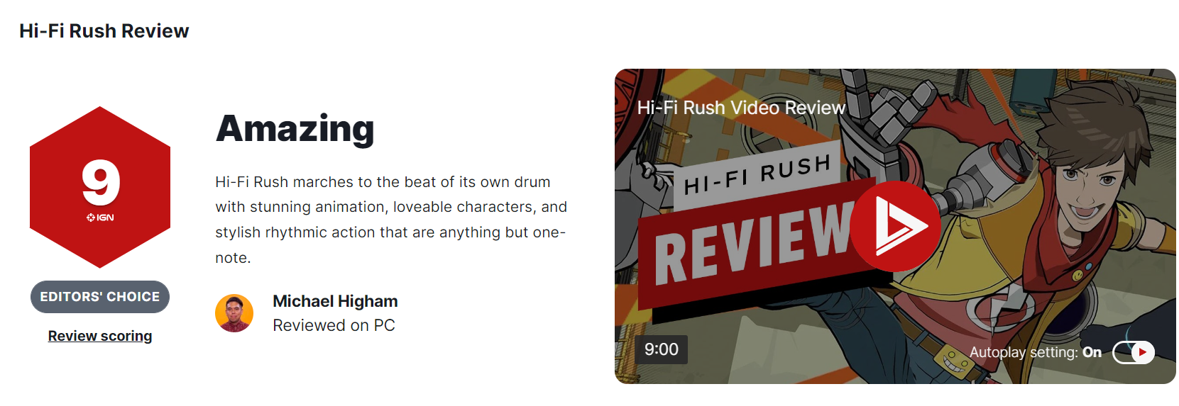 《Hi-Fi RUSH》IGN 9分：一款偉大的音游