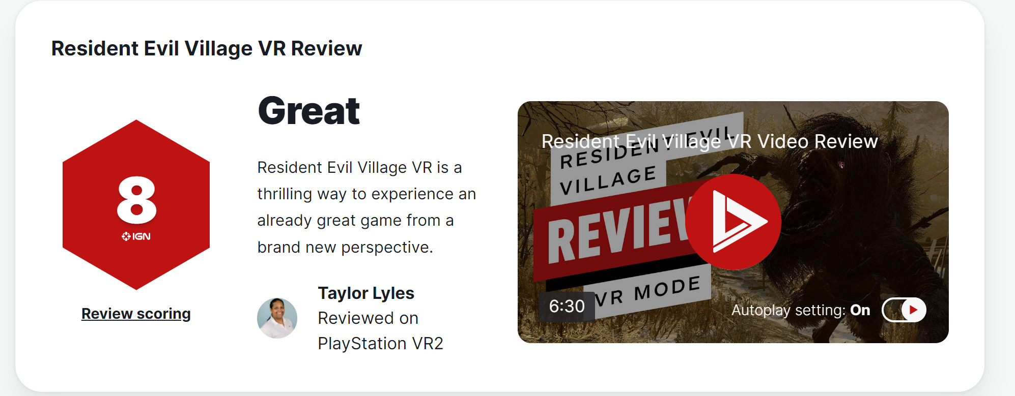 《惡靈古堡8VR》IGN 8分 MTC用戶評分9.7分