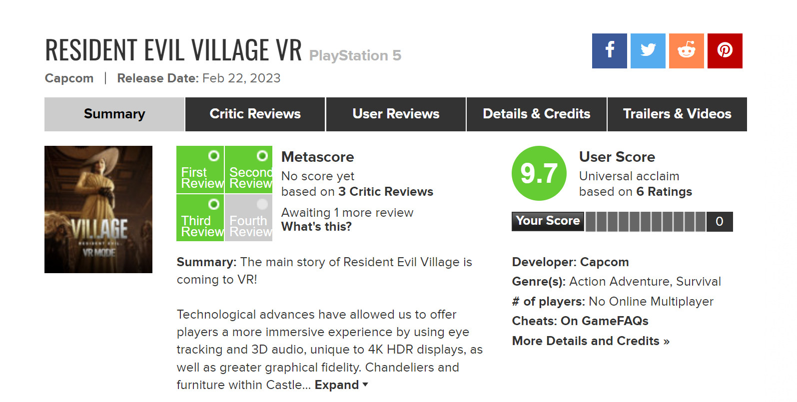 《惡靈古堡8VR》IGN 8分 MTC用戶評分9.7分