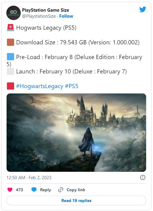 PS5《霍格華茲的傳承》容量接近80GB2月8日開啟預載