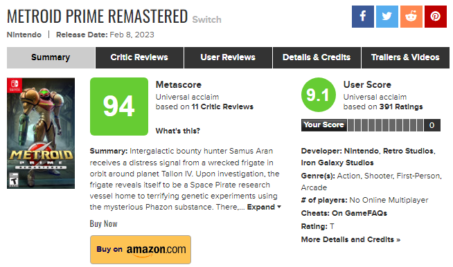 《銀河戰士Prime復刻版》M站均分94玩家評分9.1