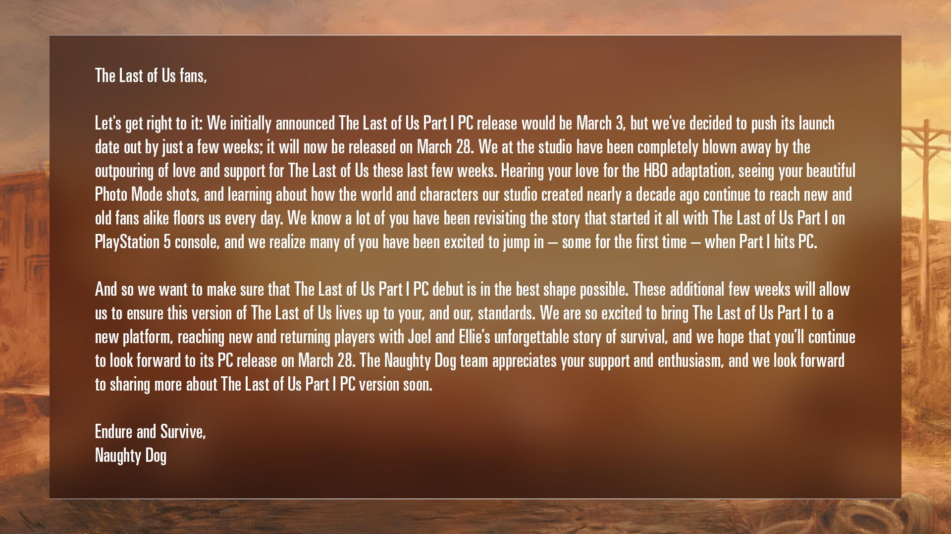 《最後生還者第一部》PC版推遲至3月28日推出