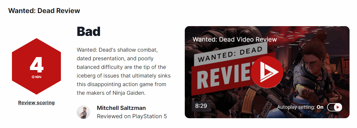 《忍龍》精神續作《Wanted： Dead》IGN僅評4分