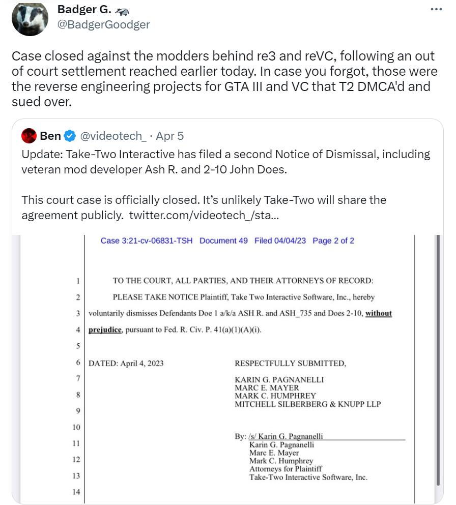 Take Two撤銷對《俠盜獵車手3》高清化MOD作者的法律訴訟