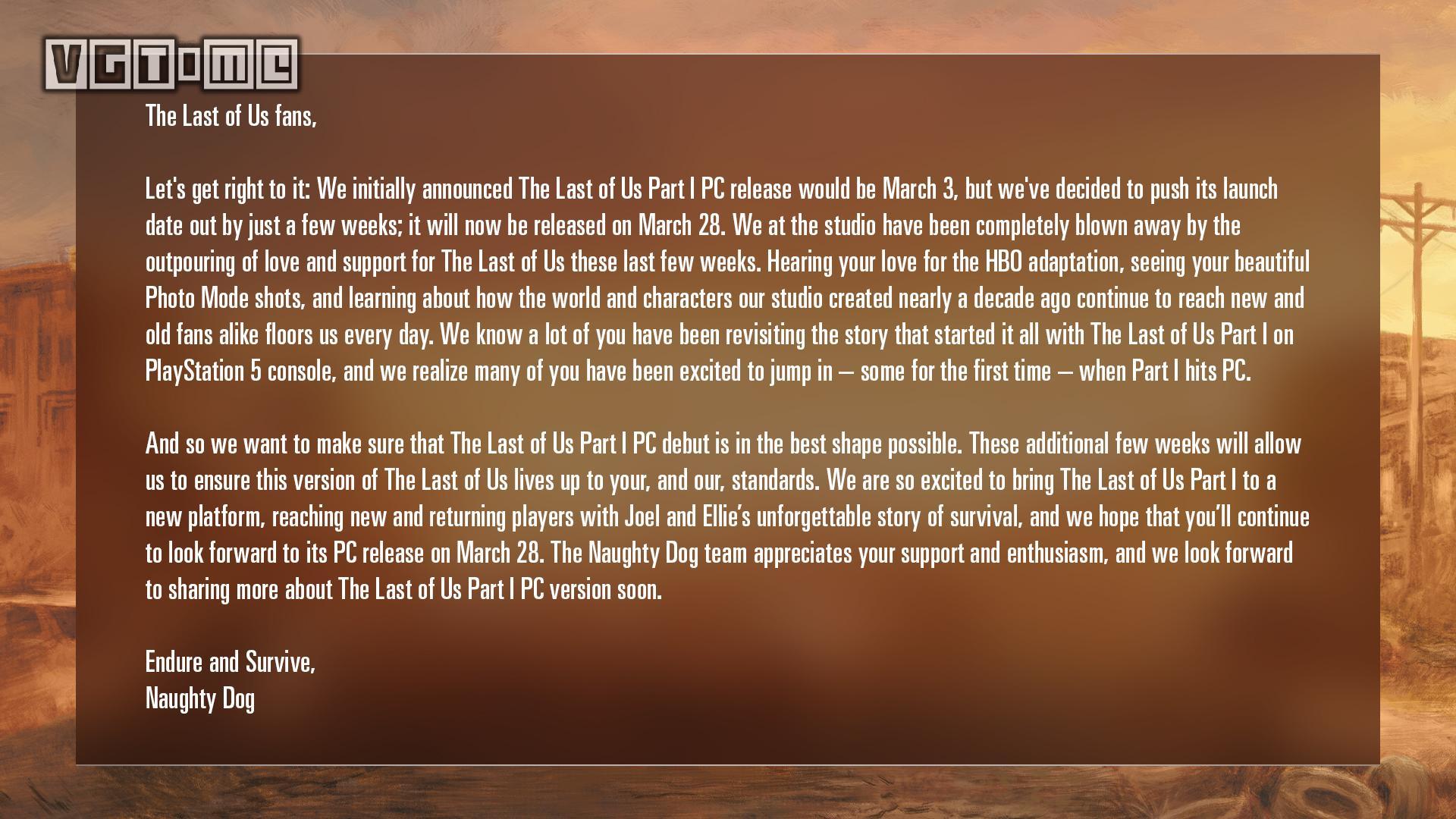 頑皮狗為PC版《最後生還者第一部》的糟糕表現道歉