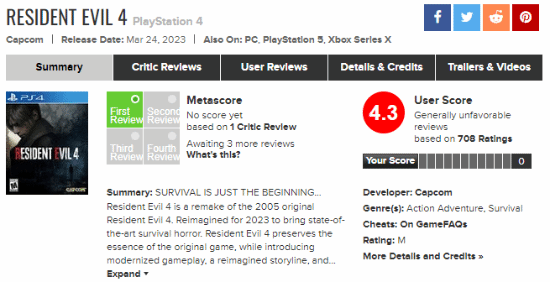 《惡靈古堡4重製版》PS4版M站用戶評分僅4.3分：優化不太行