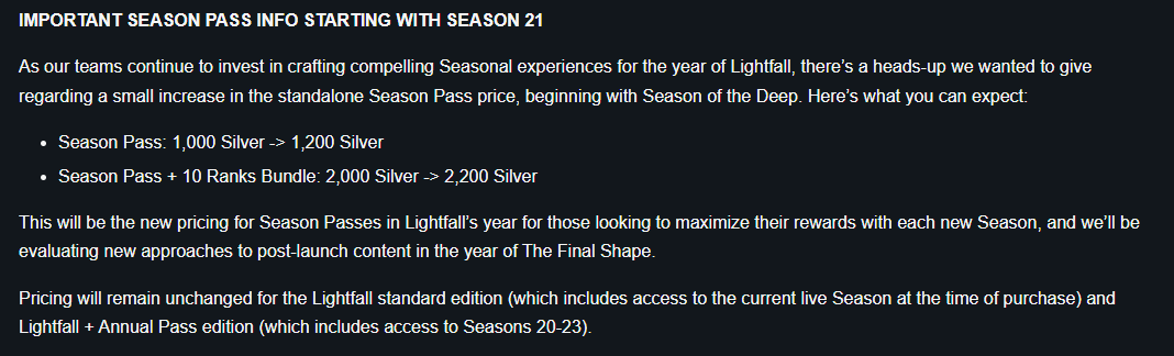 Bungie 宣布《天命2》季票價格將上漲