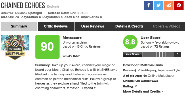 好評JRPG《鎖鏈回聲》在Metacritic遭到差評轟炸