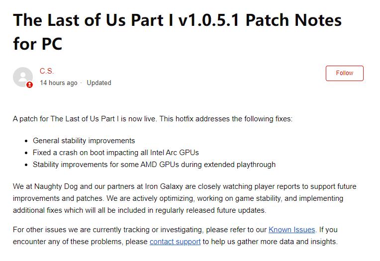 《最後的生還者Part1》PC版新修正檔上線 穩定性改進