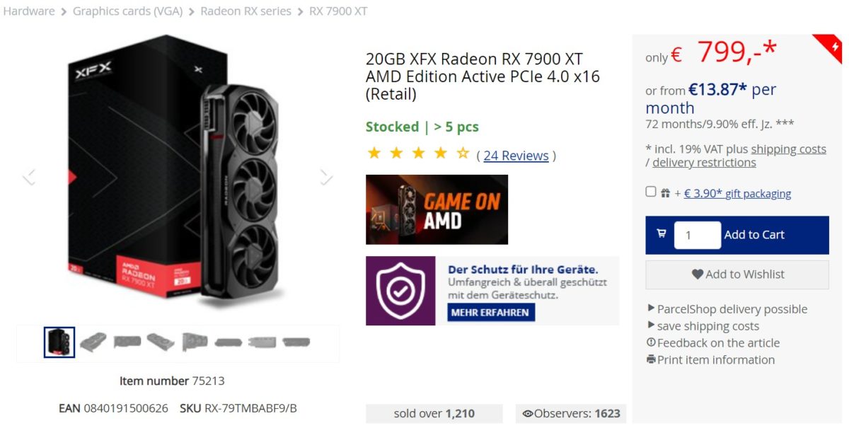 AMD RX7900XT歐洲價格暴跌 現已不到800歐元