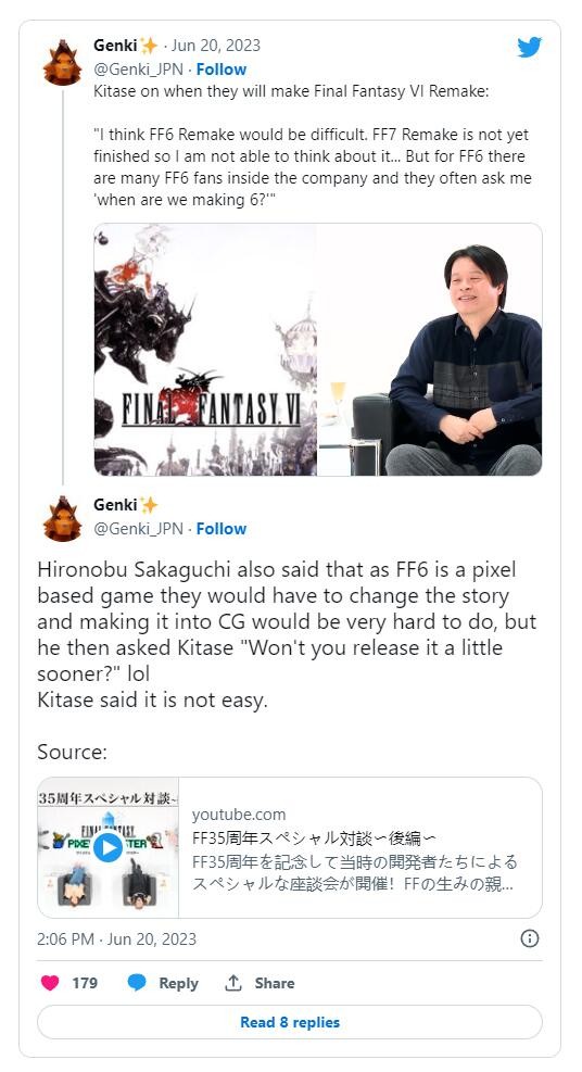 北瀨佳范表示《最終幻想6》重製「相當困難」