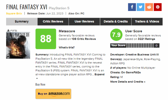 《最終幻想16》M站用戶評分漲至7.9：差評終被好評淹沒
