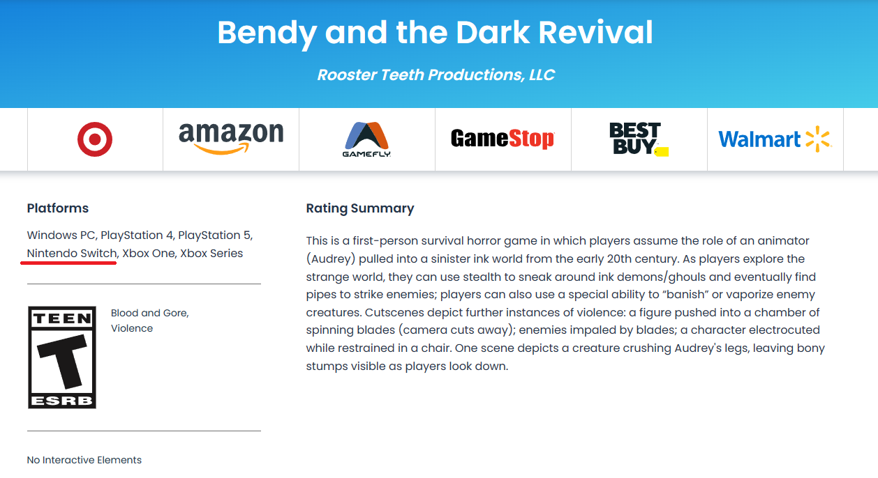 特別好評恐怖遊戲《班迪與暗黑重生》NS版通過ESRB評級