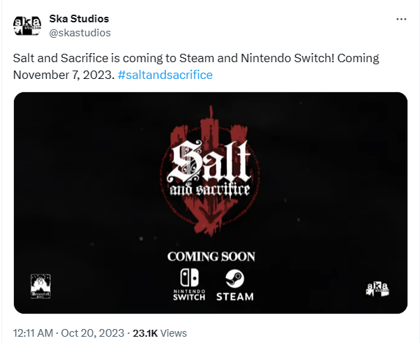 2D類魂遊戲《鹽與獻祭》2023年11月7日登陸STEAM和NS