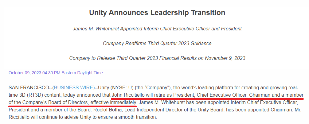 定價風波過後，Unity宣布其CEO辭去所有職務