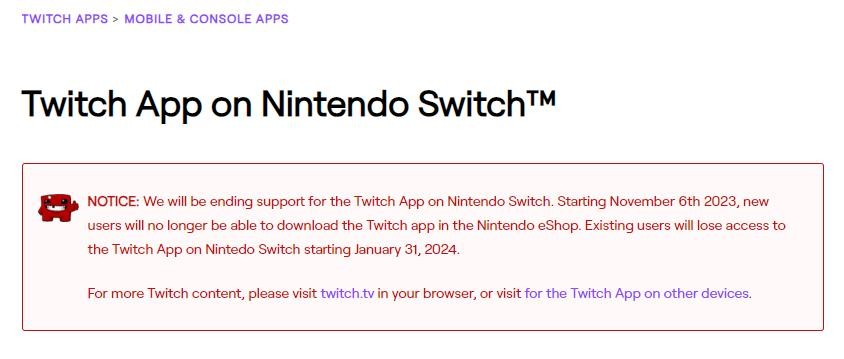 直播平台Twitch宣布終止Switch版服務 應用即將下架