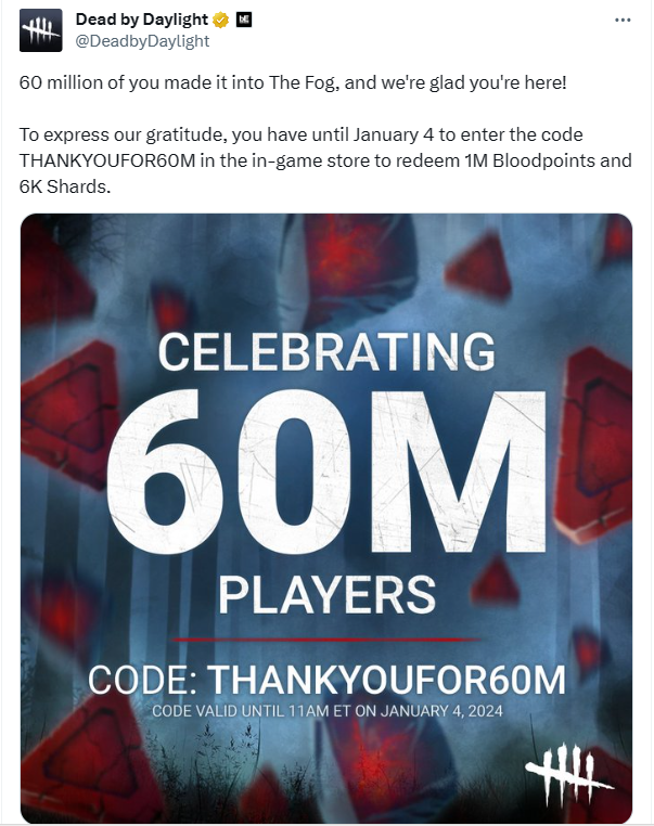《黎明殺機》全球玩家數突破6000萬 限時獎勵來領取