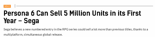 世嘉對《女神異聞錄6》寄予厚望：首年銷量500萬！