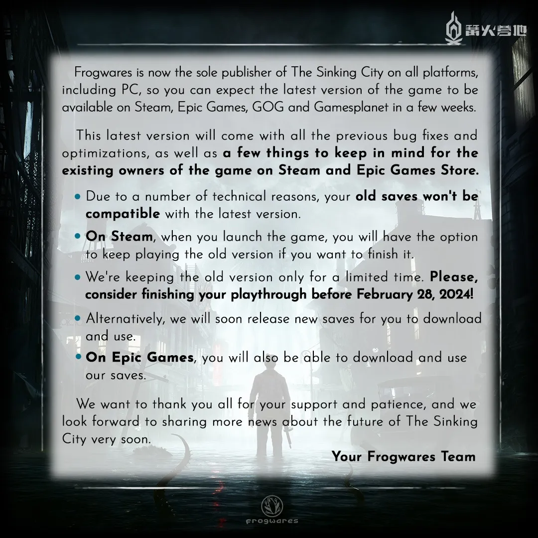 克蘇魯主題解謎遊戲《沉沒之城》發行權已完全回歸開發商手中