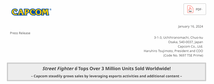 CAPCOM官宣：《快打旋風6》全球銷量突破300萬份！