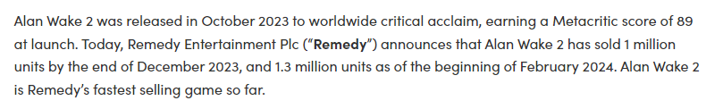 《心靈殺手2》全球銷量超130萬 成Remedy銷售最快遊戲